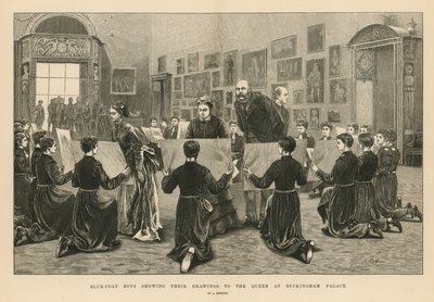 A kékkabátos fiúk megmutatják rajzaikat a királynőnek a Buckingham-palotában alkotó: Arthur Hopkins
