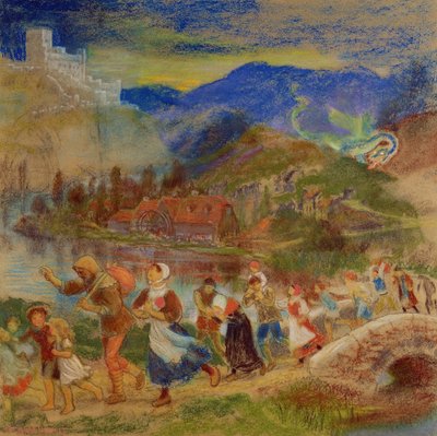 Sárkány elől menekülő falusiak alkotó: Arthur Hughes