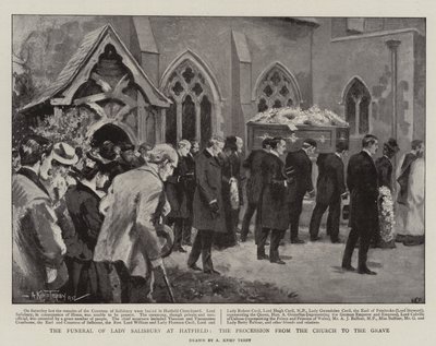 Lady Salisbury temetése Hatfieldben, körmenet a templomtól a sírig (litho) alkotó: Arthur Kemp Tebby