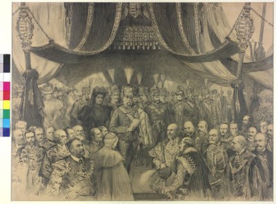 A millenniumi kiállítás megnyitása Budapesten Ferenc József császár által alkotó: Arthur Lajos Halmi