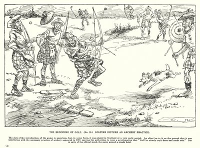 A golf kezdete, golfozók zavarják az íjászgyakorlatot (litho) alkotó: Arthur Moreland