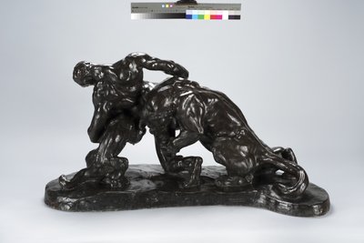 Harcba zárt férfi oroszlánkölyökkel (bronz) alkotó: Arthur Putnam