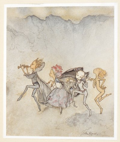 IV. FELvonás: I. jelenet, 46. sor Mindegyik megbotlik a lábujjában, Itt lesz felmosóval és kaszálással. Nimfák. alkotó: Arthur Rackham
