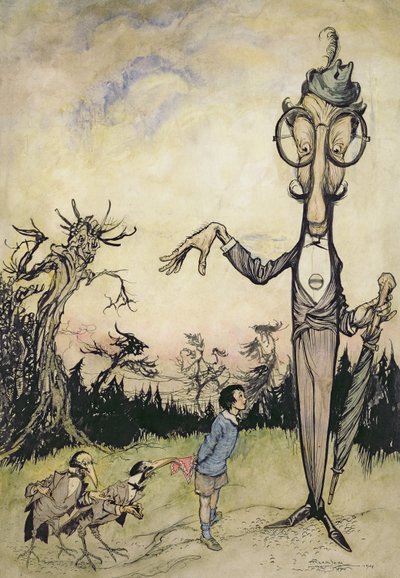 Egy óriás gyermekkel és két varjúval, illusztráció a Betty Barber könyvéből, Maggie Browntól, pub.1910 (toll és tinta, később Harry Rountree színezte, 1878-1950) (illusztráció a Book o-hoz is alkotó: Arthur Rackham