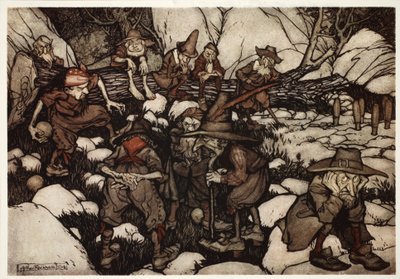 Különös kinézetű emberek társasága a kilenctűben játszó Rip Van Winkle-től, Washington Irving, pub. 1910 alkotó: Arthur Rackham