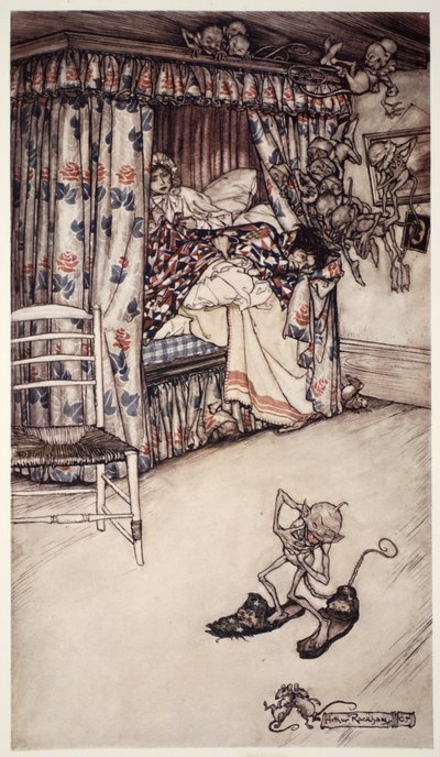 Egy függöny-előadás a világ összes prédikációját megéri, mert megtanítja a türelem és a hosszútűrés erényeit. Rip Van Winkle-től Washington Irving, pub. 1910 alkotó: Arthur Rackham