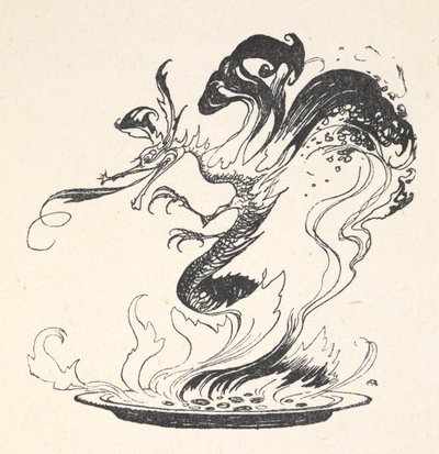 Egy sárkány kibújik egy tányér égő pénzből alkotó: Arthur Rackham