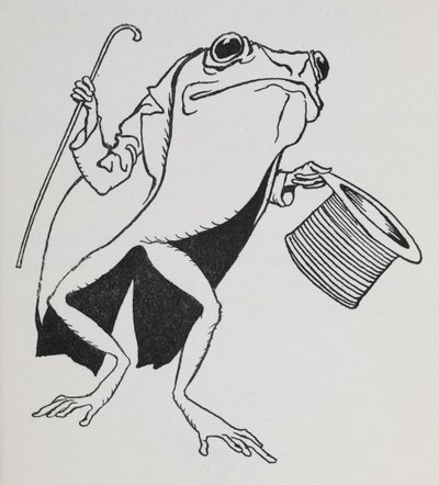 Egy cilindert és farkát viselő béka botot cipel. alkotó: Arthur Rackham