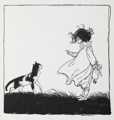 Egy babás lány elmondja a macskáját. alkotó: Arthur Rackham