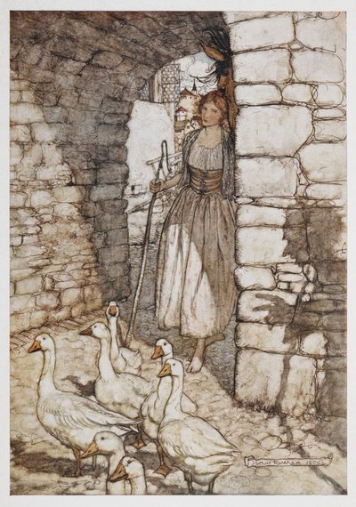 Egy lány libákkal. alkotó: Arthur Rackham