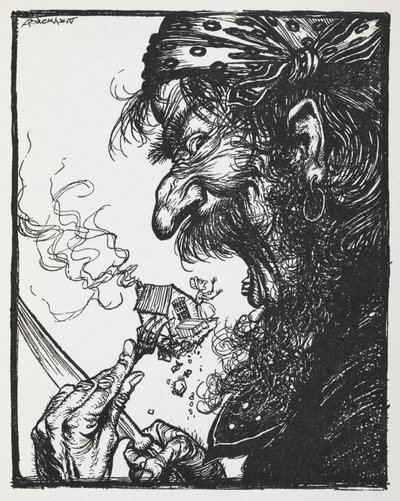 Egy nagydarab férfi eszik egy apró hölgyet és a házát. alkotó: Arthur Rackham
