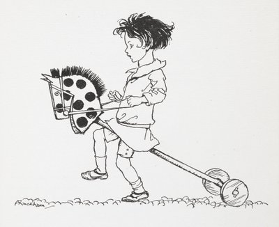 Egy kislány egy játék hobbi lovon. alkotó: Arthur Rackham