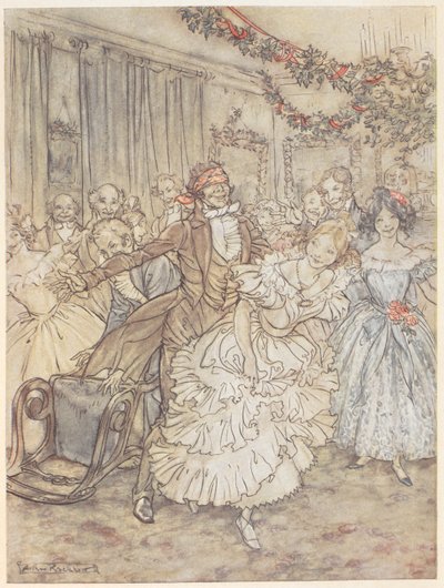 Egy vak ember blöfföt játszó parti. Egy bekötött szemű férfi fodros ruhás nőt üldöz alkotó: Arthur Rackham