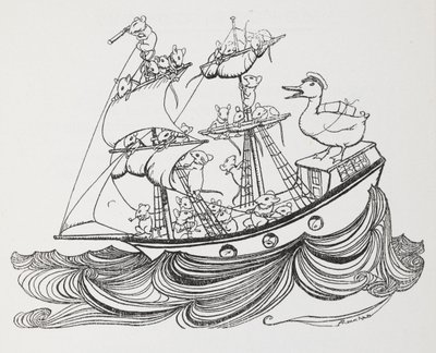 Egy hajó, amelynek legénysége egerek, kapitánya pedig egy kacsa. alkotó: Arthur Rackham