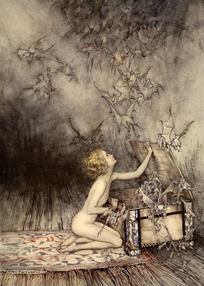 Szárnyas lények raj elsuhant mellette, illusztrációja Nathaniel Hawthorne „A csodakönyv lányoknak és fiúknak” című könyvéből. alkotó: Arthur Rackham