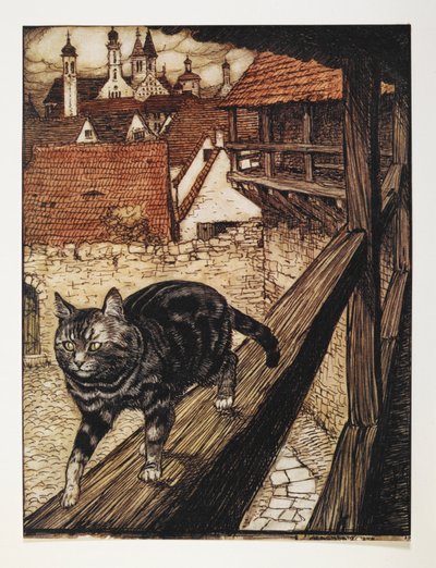 Egy cirmos macska egy épület fából készült sínjén sétál. alkotó: Arthur Rackham