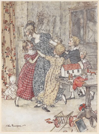 Egy fiatal nő és gyerekek táncolnak egy játékokkal teli játszószoba körül alkotó: Arthur Rackham