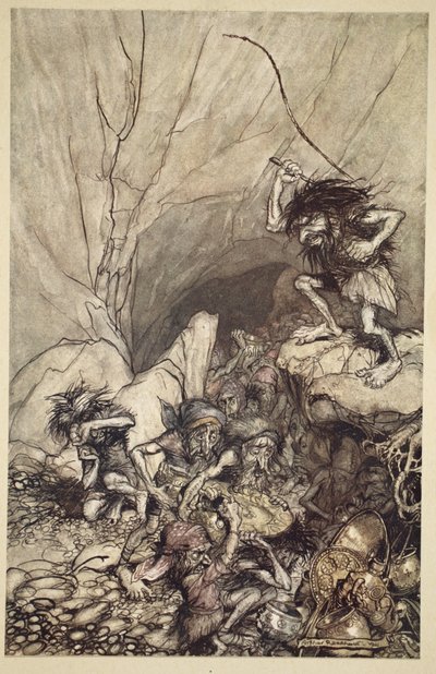 Albrech behajtja a nibelungok arany- és ezüstkincsekkel teli csapatát, a "Rajnai arany és a walkür" című regényből. alkotó: Arthur Rackham
