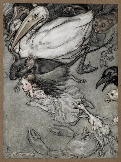 Alice és különféle úszó állatok, köztük patkány, kacsa, dodó, varjú, menyét, rák és fióka. alkotó: Arthur Rackham