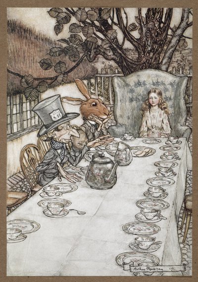 Alice az Őrült Kalapos Tea Party-n a Március nyúllal, a Dormouse-szal és az Őrült kalapossal alkotó: Arthur Rackham