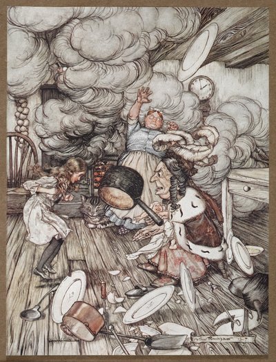 Alice egy konyhában a hercegnővel, egy szakácsnővel és a Cheshire macskával alkotó: Arthur Rackham