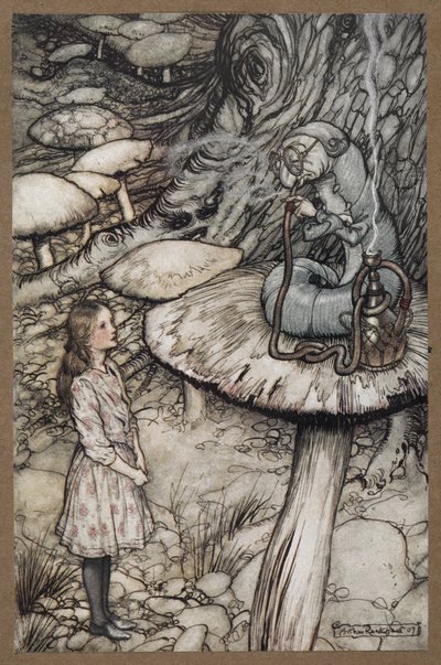 Alice a hernyóval beszélget, aki egy pipázó gombán ül alkotó: Arthur Rackham