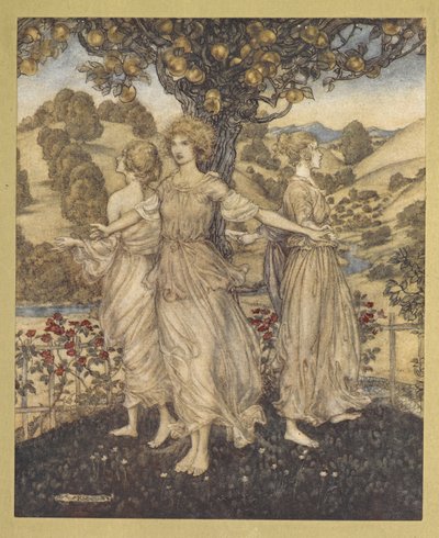 Mindezt a kerti vásárban, Hesperusszal és három lányával, akik az aranyfáról énekelnek. alkotó: Arthur Rackham