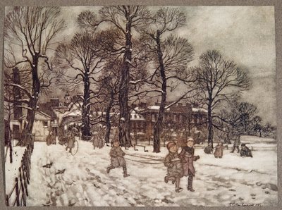 Egy délután, amikor a kertek fehérek voltak a hótól, J. M. Barrie (1860 - 1937), kocsma, Peter Pan a Kensington Gardens-ben. 1906 alkotó: Arthur Rackham