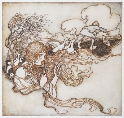 Illusztráció egy lányról, aki libákkal fésüli a haját, a háttérben pedig egy fiú, a Libalányból. alkotó: Arthur Rackham