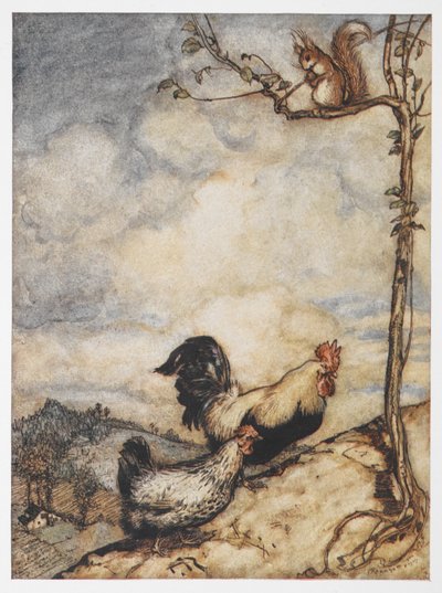 Egy tyúk, kakas és mókus illusztrációja a Chanticleer és Partlet kalandjaiból. alkotó: Arthur Rackham