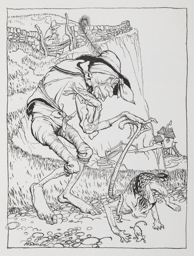 Egy görbe öreg ember görbe macskájával és görbe házával. alkotó: Arthur Rackham