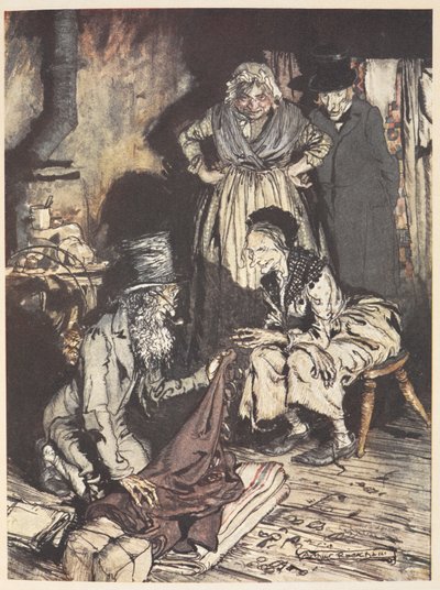 Egy régi család a házukban, és egy férfi függönnyel kínálja őket alkotó: Arthur Rackham