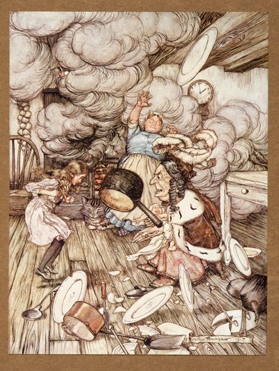 Egy szokatlanul nagy serpenyő repült mellette, és majdnem elvitte, az Alices Adventures in Wonderland című filmből, Lewis Carroll, pub. 1907 alkotó: Arthur Rackham