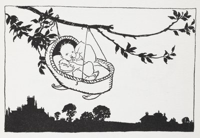 Baba egy ágról lógó kiságyban. alkotó: Arthur Rackham