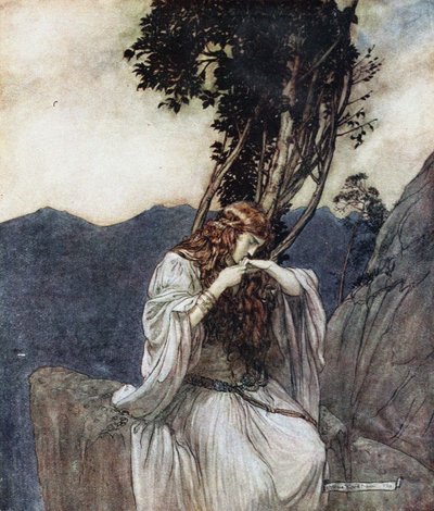 Brünnhilde megcsókolja a gyűrűt, amit Siegfried hagyott nála. Illusztráció Siegfriedhez és a Twihez alkotó: Arthur Rackham