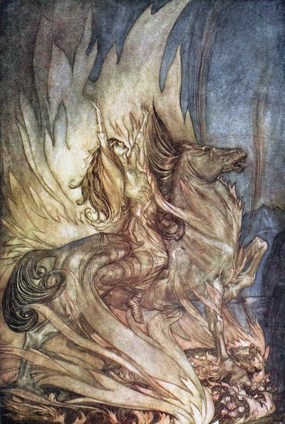 Brünnhilde a Grane-n felugrik Siegfried temetési máglyájára. Illusztráció: Siegfried és a Tw alkotó: Arthur Rackham