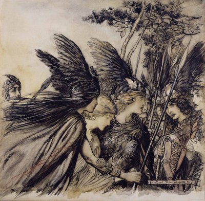 Brunnhilde imádkozik a valkűrökhöz, a Rajna arany és a Valkűr illusztrációja, Richard Wagner, 1910-ben megjelent kiadás (toll, tinta és WC papíron) alkotó: Arthur Rackham
