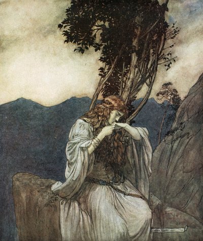 "Brunnhilde megcsókolja a gyűrűt, amelyet Siegfried hagyott nála", 1924. alkotó: Arthur Rackham
