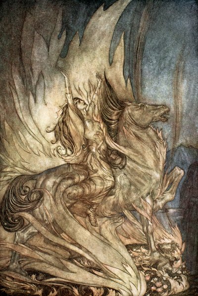"Brunnhilde on Grane felugrik Siegfried temetési máglyájára", 1924. alkotó: Arthur Rackham