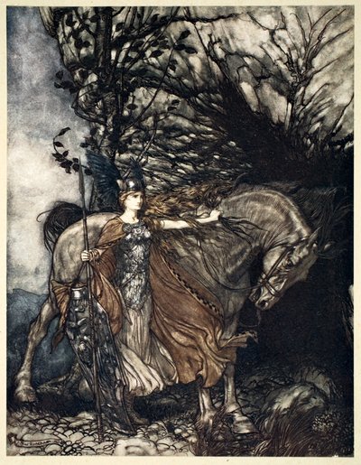 "Brunnhilde a lovával a barlang szájánál", 1910. alkotó: Arthur Rackham
