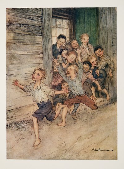 Kitört, mint egy légió fiatal improvizált, The Legend of Sleepy Hollow, Washington Irving (1783-1859), kocsma. 1928 alkotó: Arthur Rackham