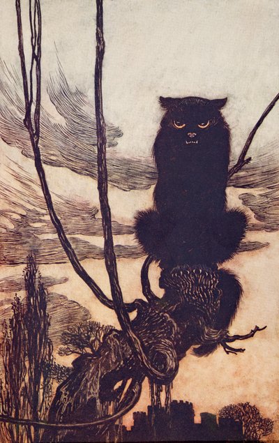 Nappal macskává varázsolta magát, a Grimm testvérek tündérmeséiből, kocsmából. 1909 alkotó: Arthur Rackham