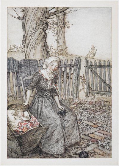 Viszlát, bébi sármány. Anya a babájával egy kiságyban. Apa vadászni megy a háttérben. alkotó: Arthur Rackham