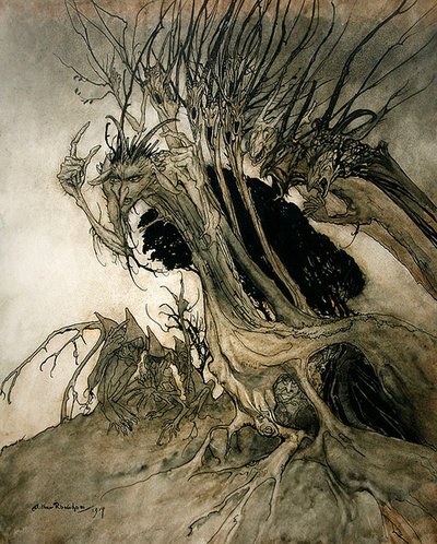 Milton Comus című művéből: „Hívó alakzatok és intő árnyékok szörnyűek” alkotó: Arthur Rackham