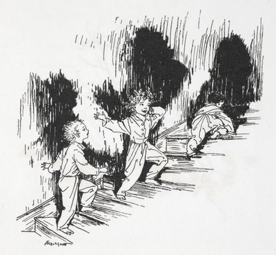 Gyerekek kúsznak felfelé a lépcsőn éjszaka alkotó: Arthur Rackham