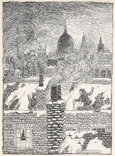 Gyerekek játszanak a háztetőkön a hóban éjjel, a távolban a Szent Pál-templom kupolájával. alkotó: Arthur Rackham