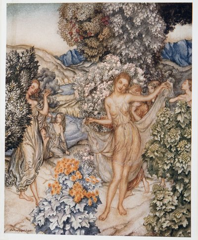 Gyertek, mérsékelt nimfák, és segítsetek ünnepelni az igaz szerelem szerződését, William Shakespeares illusztrációja: A vihar, kocsma. 1926 alkotó: Arthur Rackham