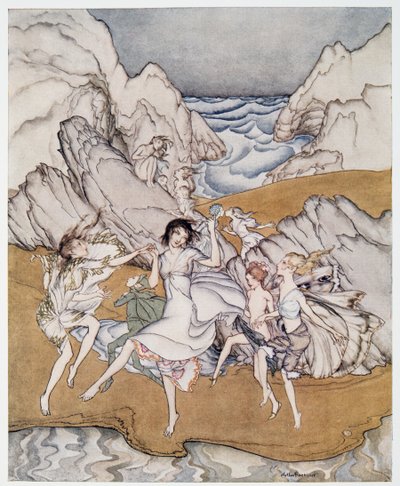 Jöjjön el ezekhez a sárga homokos illusztrációkhoz William Shakespeare A vihar című kocsmából. 1926 alkotó: Arthur Rackham