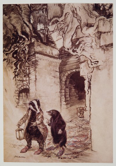 Áthaladva a folyosón áthaladtak az egyik fő alagúton, a Wind in the Willowsban, Kenneth Grahame (1859-1932), kocsma. 1940 alkotó: Arthur Rackham