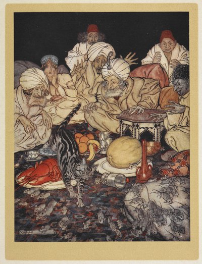 Dick Whittington macskája, aki a mórok királyát lovagolja egereivel. alkotó: Arthur Rackham